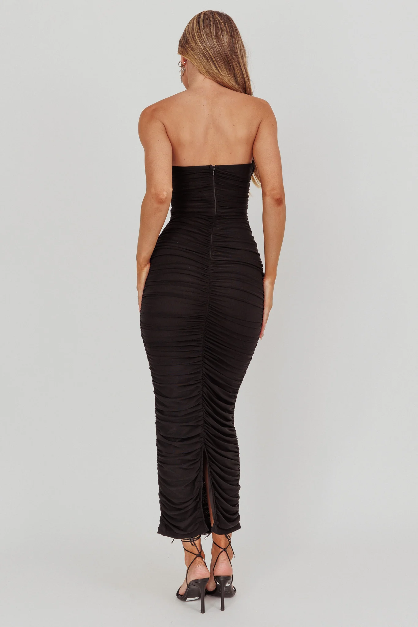 Midwest Strapless Gathered Mesh Maxi Dress Black - Image 2