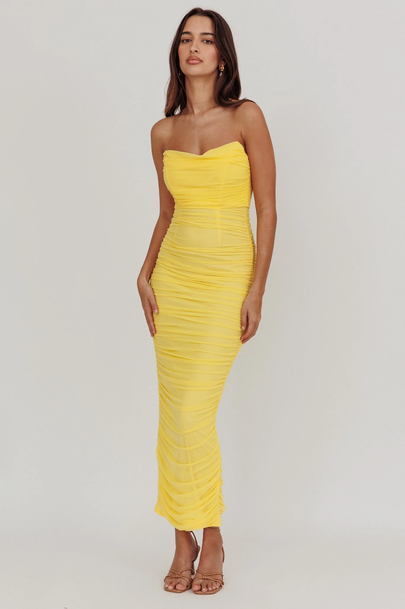 Midwest Strapless Gathered Mesh Maxi Dress Lemon - Image 4