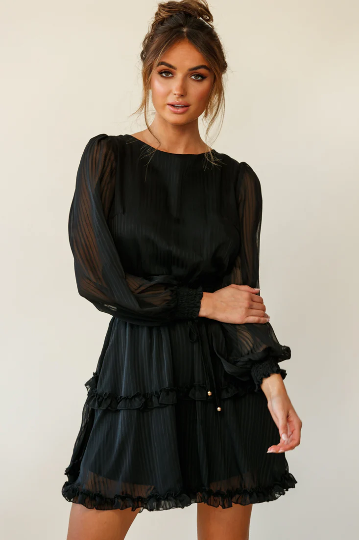 Mildred Long Sleeve Shirred Waist Frill Dress Black - Image 6