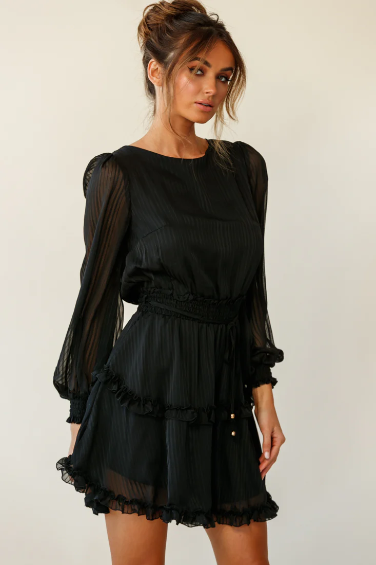 Mildred Long Sleeve Shirred Waist Frill Dress Black - Image 7