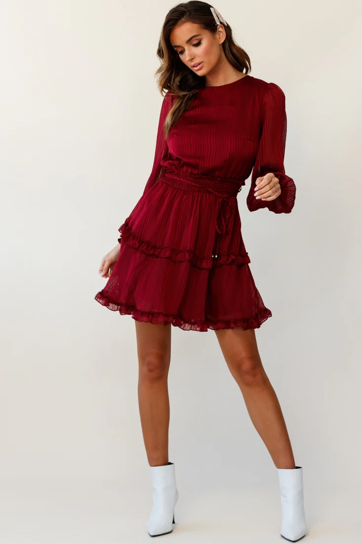 Mildred Long Sleeve Shirred Waist Frill Dress Wine - Image 2