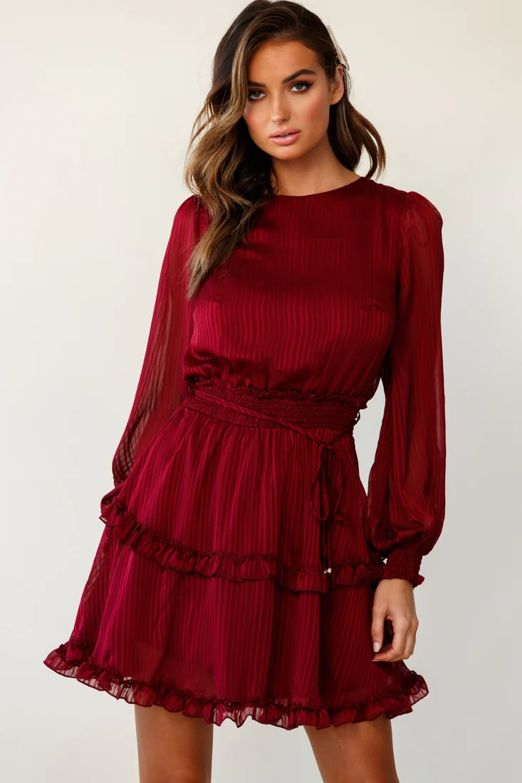 Mildred Long Sleeve Shirred Waist Frill Dress Wine - Image 5