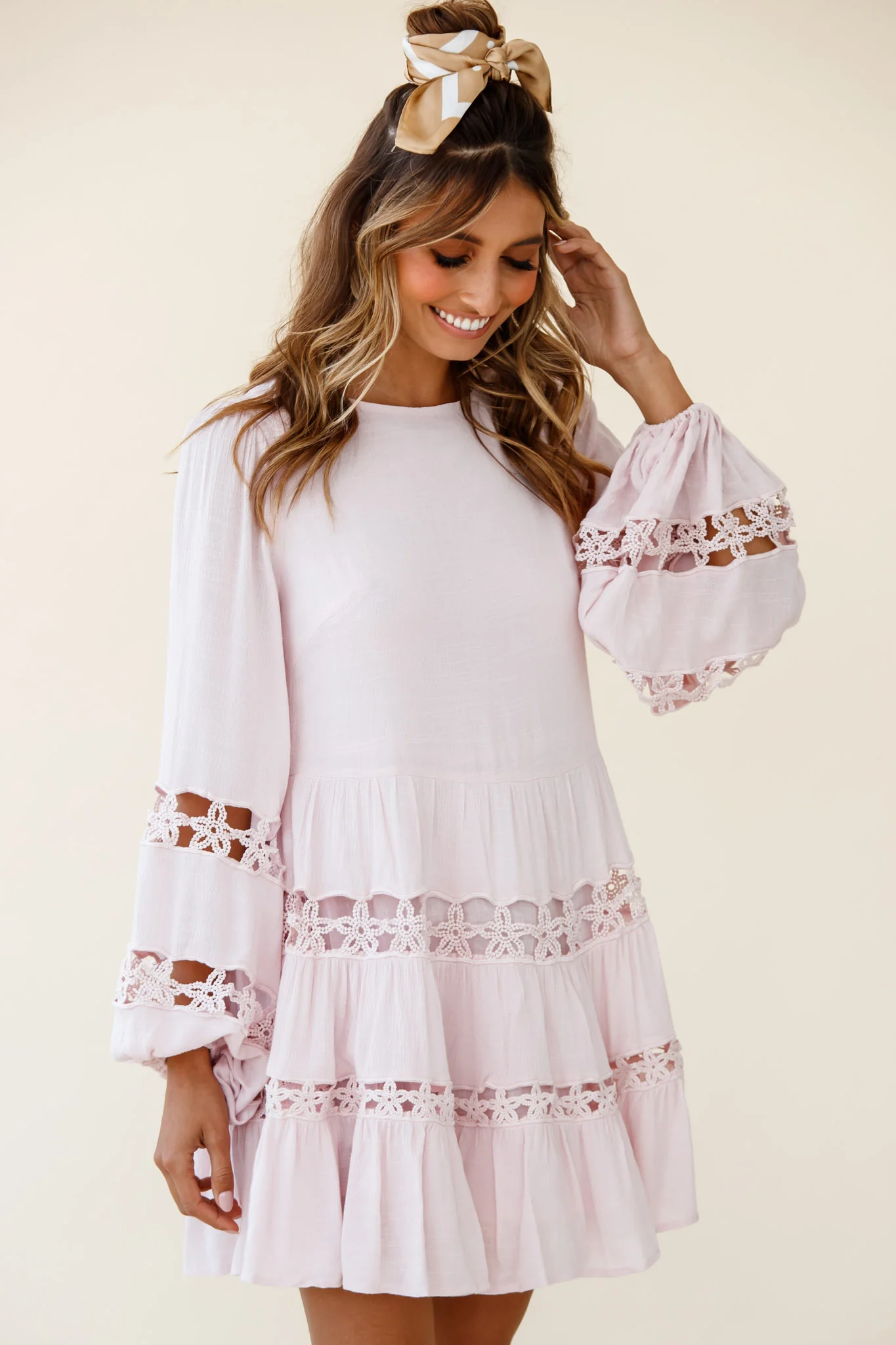 Miles Away Long Balloon Sleeve Trim Insert Dress Pink - Image 3