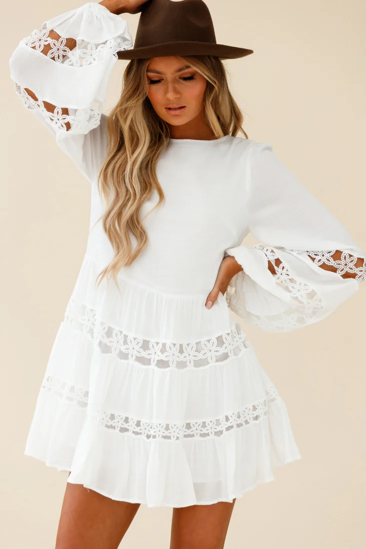 Miles Away Long Balloon Sleeve Trim Insert Dress White - Image 4