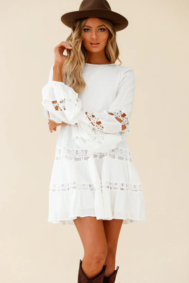 Miles Away Long Balloon Sleeve Trim Insert Dress White - Image 5