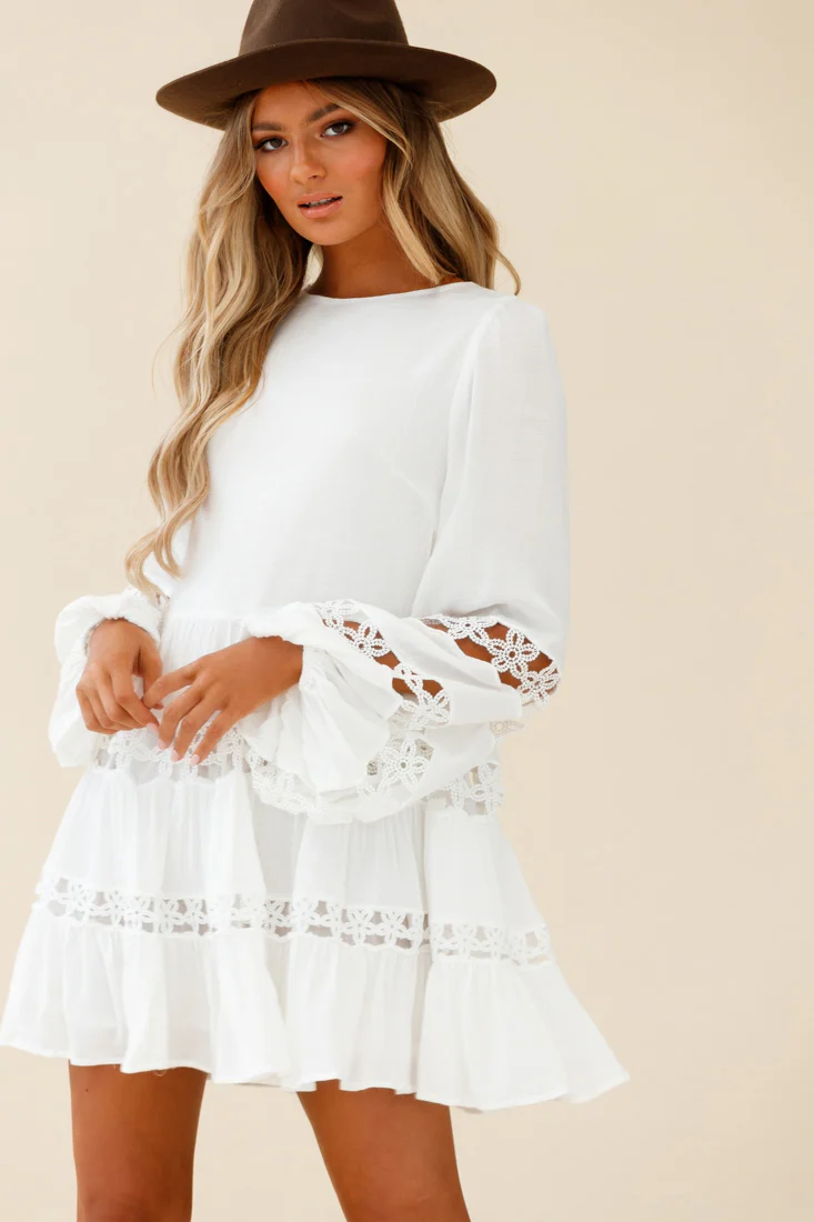 Miles Away Long Balloon Sleeve Trim Insert Dress White - Image 6