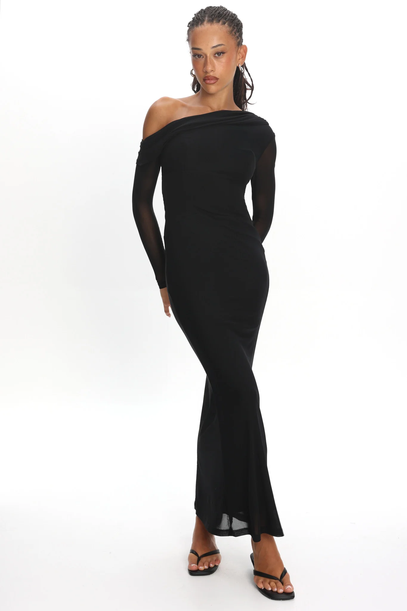 Milos Asymmetric Neckline Long Sleeve Maxi Dress Black - Image 5