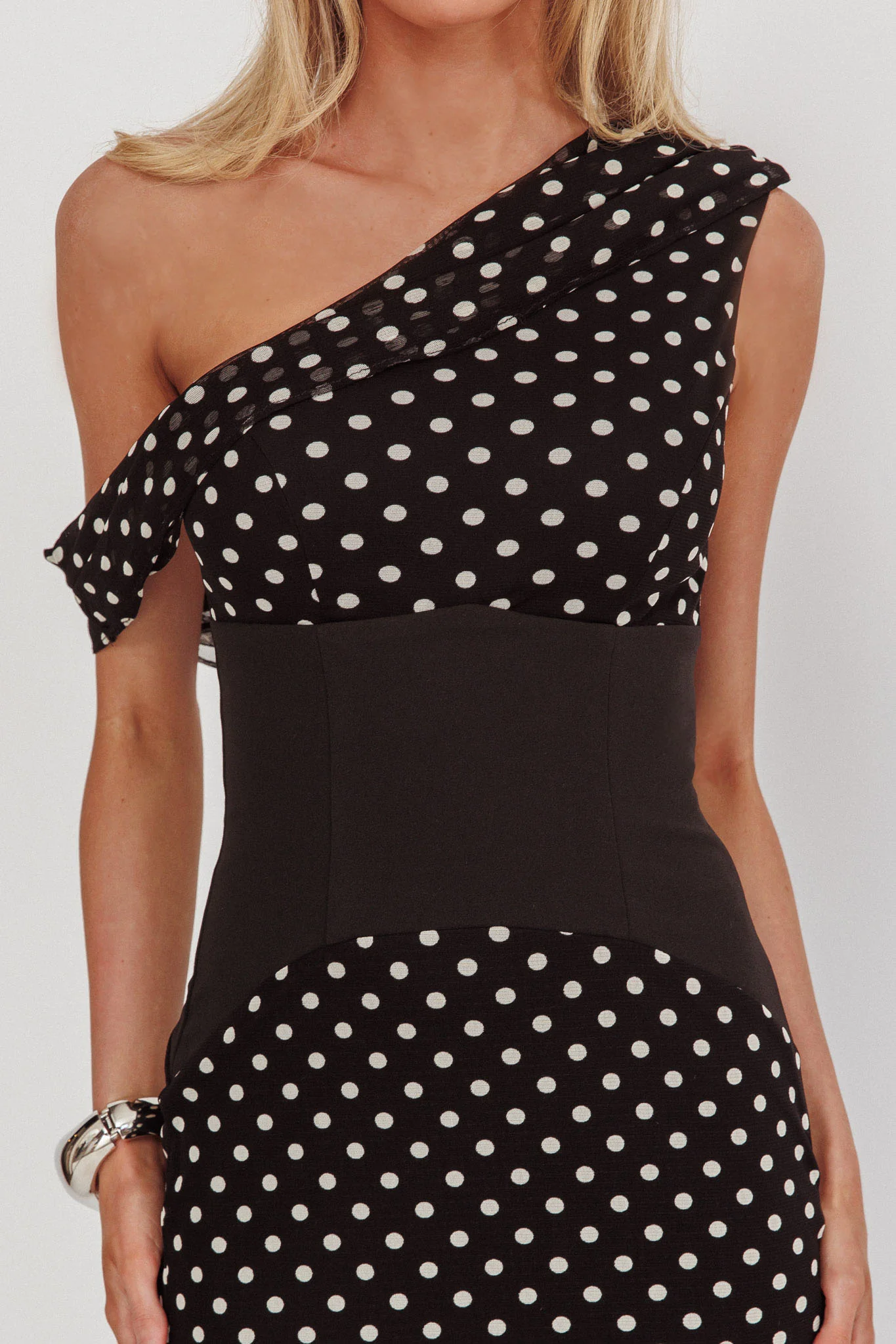 Milos Asymmetric Neckline Maxi Dress Black Dot - Image 4