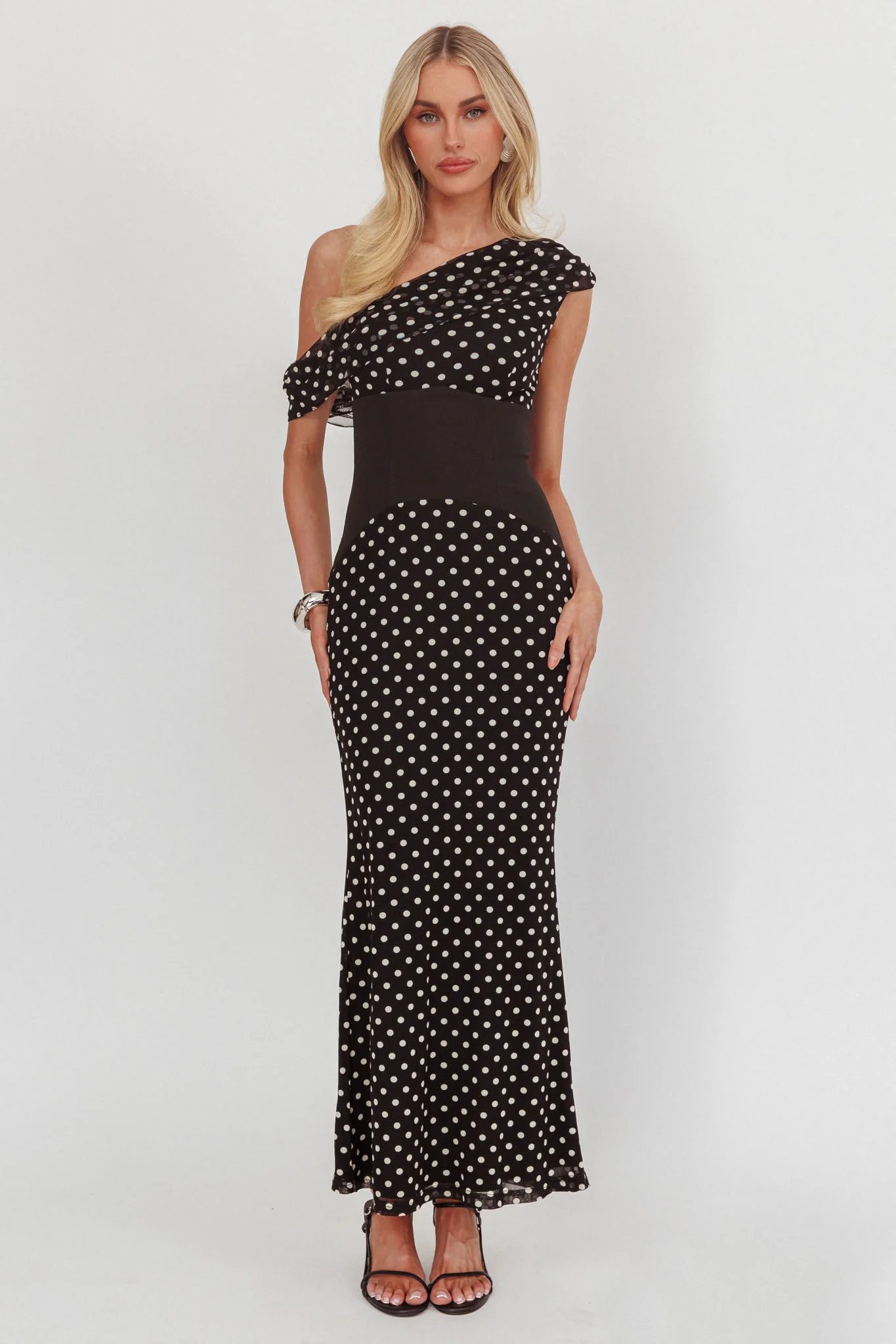 Milos Asymmetric Neckline Maxi Dress Black Dot - Image 5