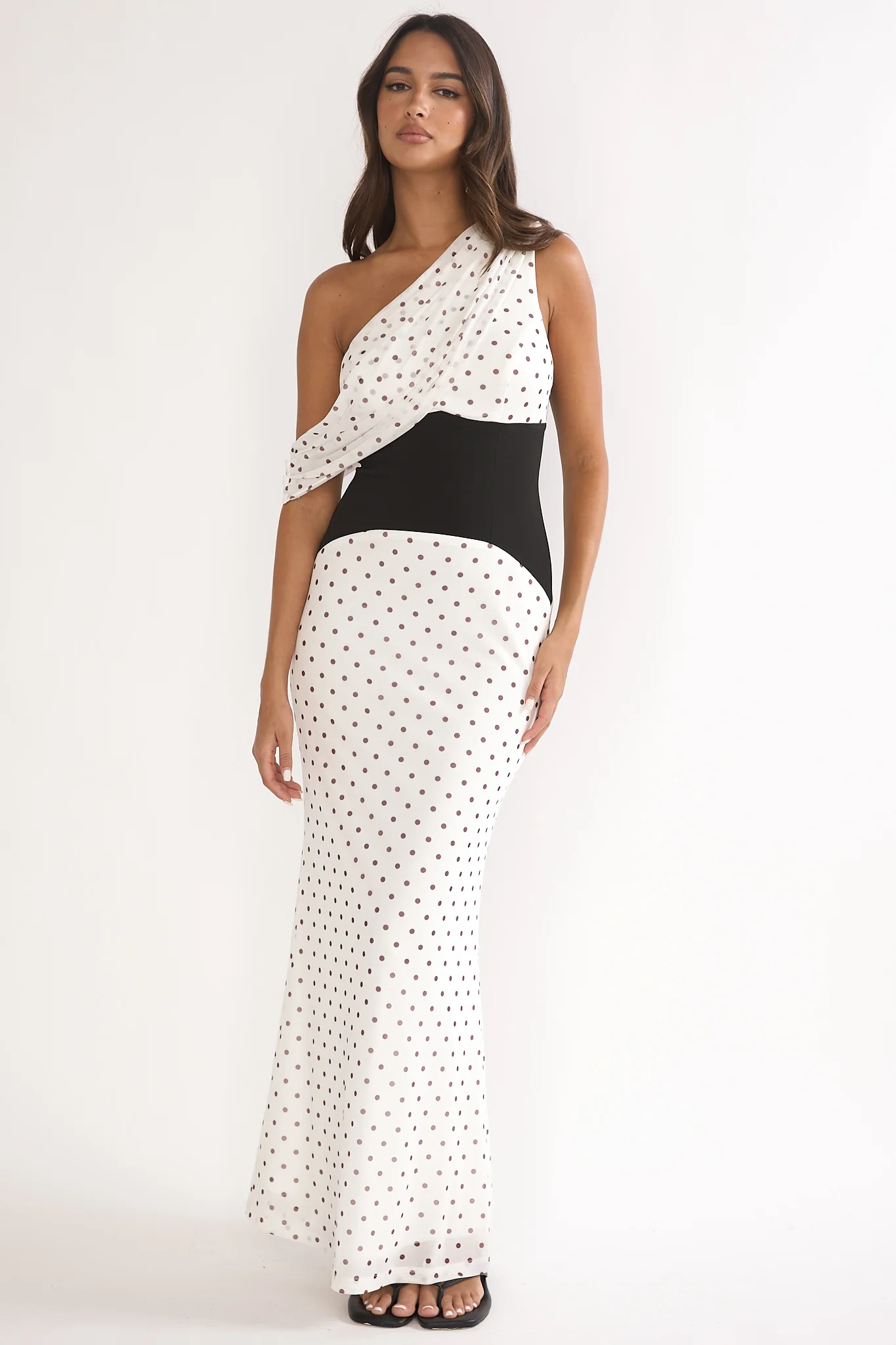Milos Asymmetric Neckline Maxi Dress Polka Dot Brown - Image 5