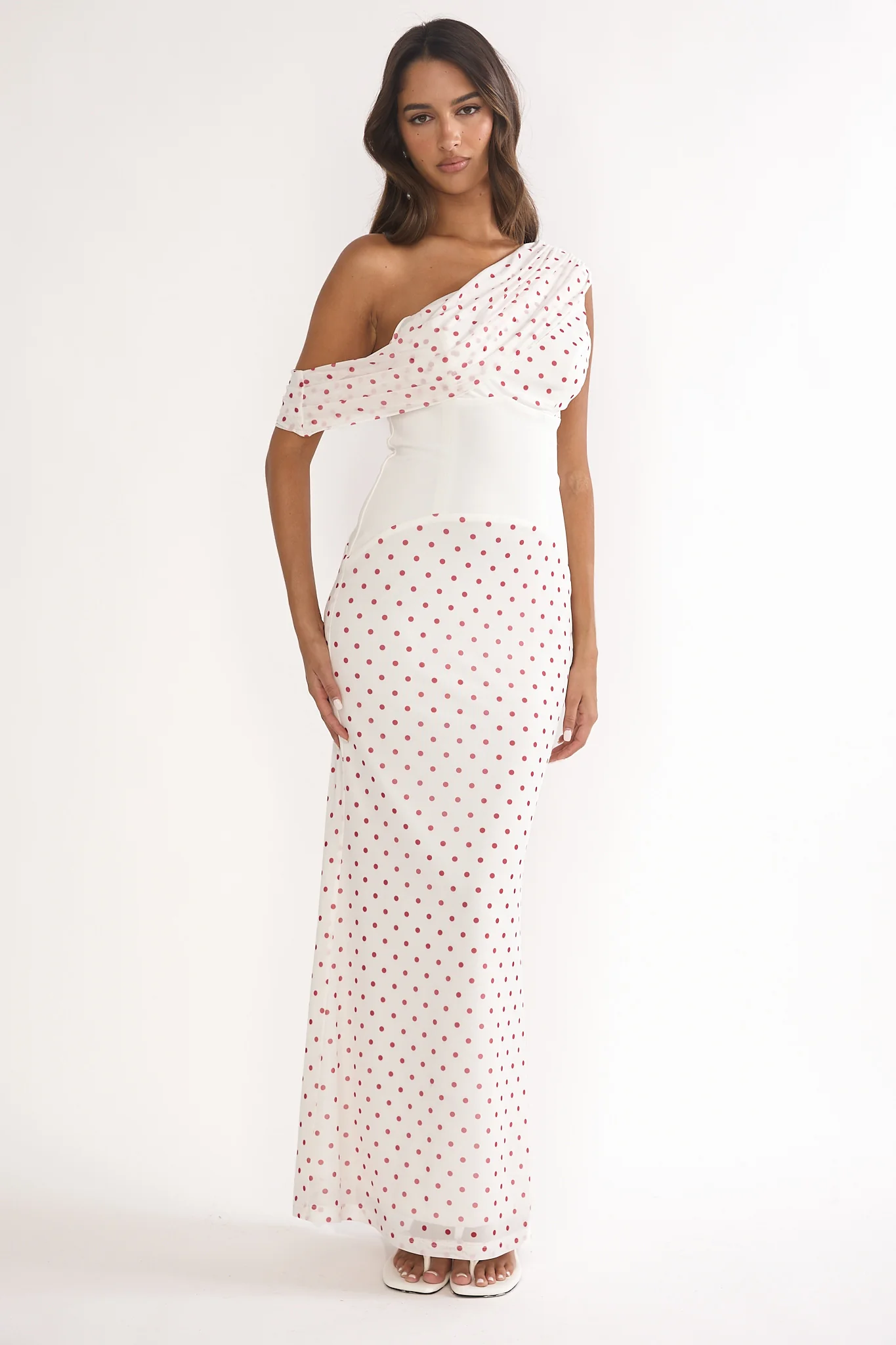 Milos Asymmetric Neckline Maxi Dress Polka Dot Red - Image 2