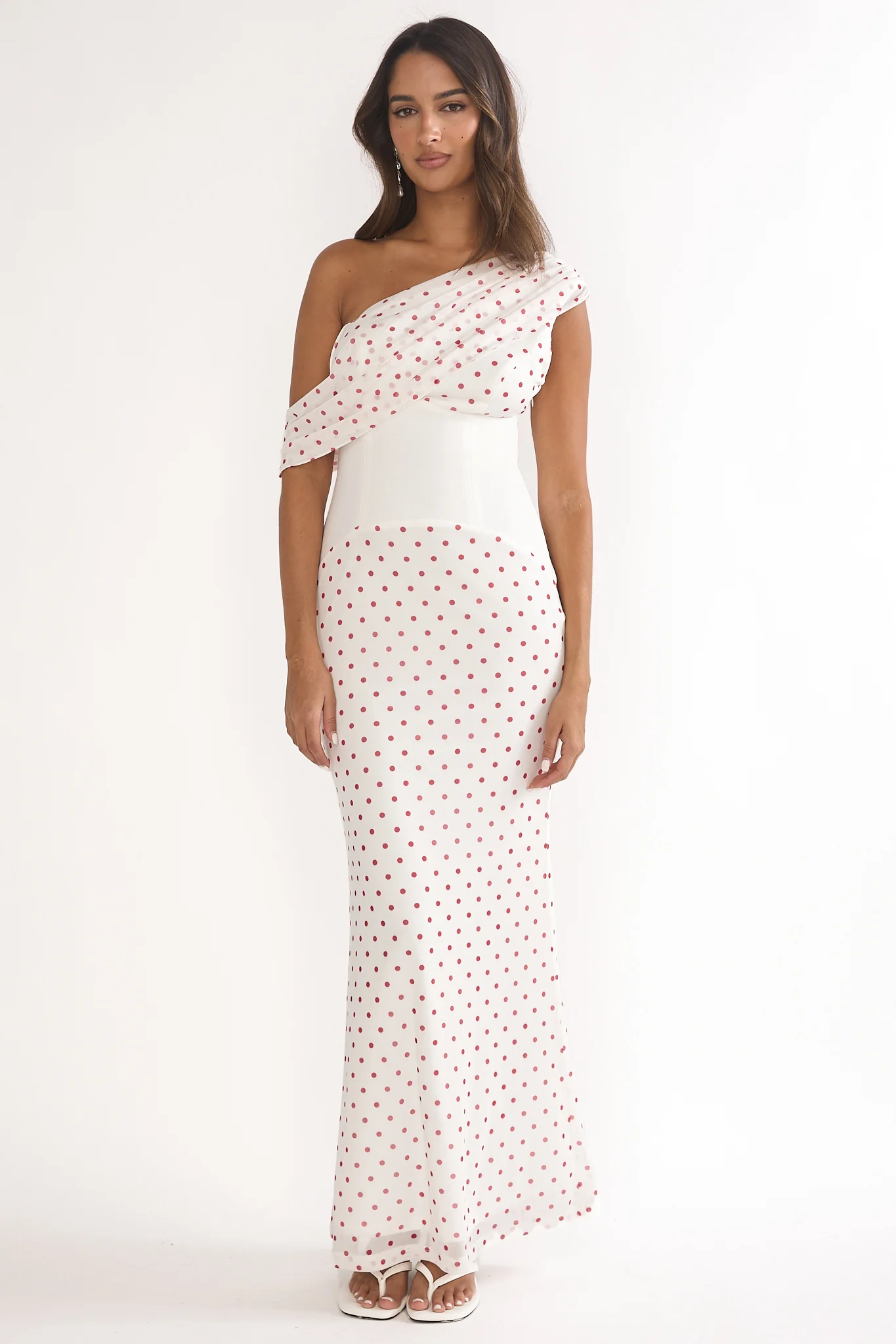 Milos Asymmetric Neckline Maxi Dress Polka Dot Red - Image 5
