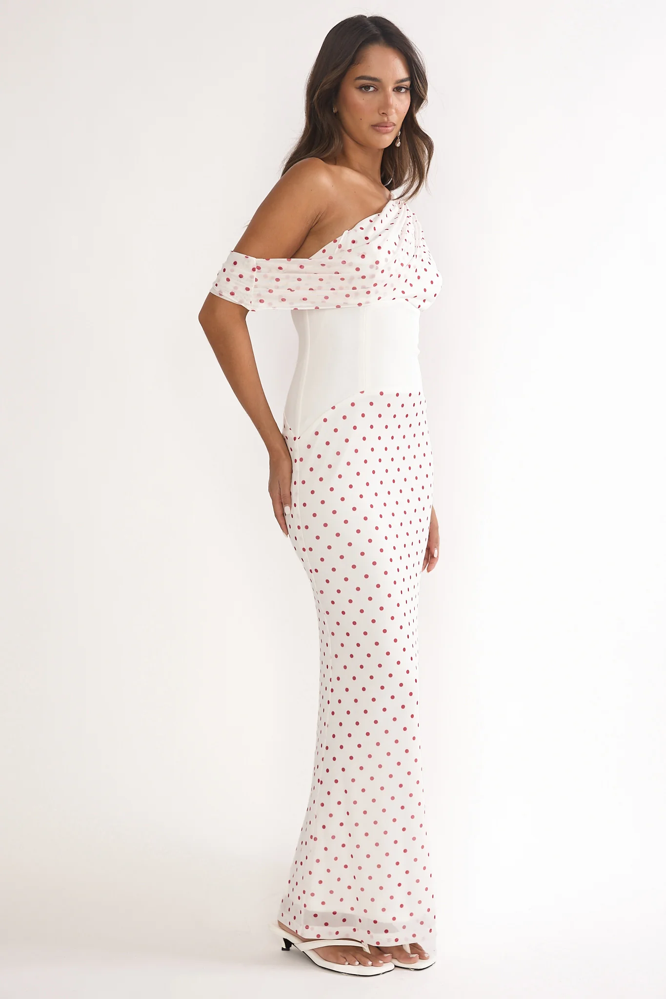 Milos Asymmetric Neckline Maxi Dress Polka Dot Red - Image 6