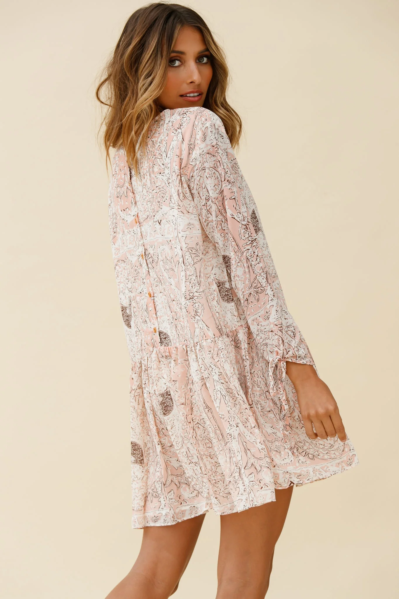 Mina Long Sleeve Button Back Shift Dress Ornate Print Pink - Image 3