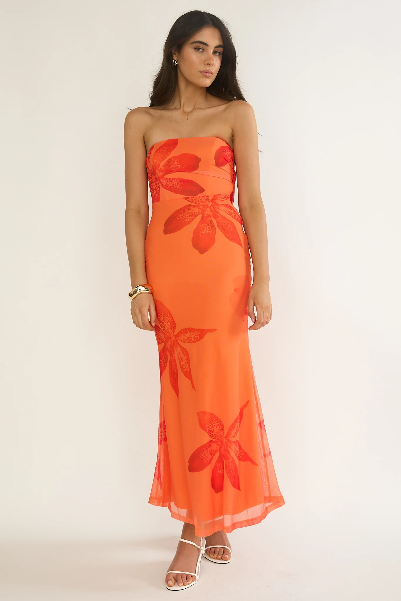 Minnesota Strapless Cowl Back Dress Floral Orange - Image 2