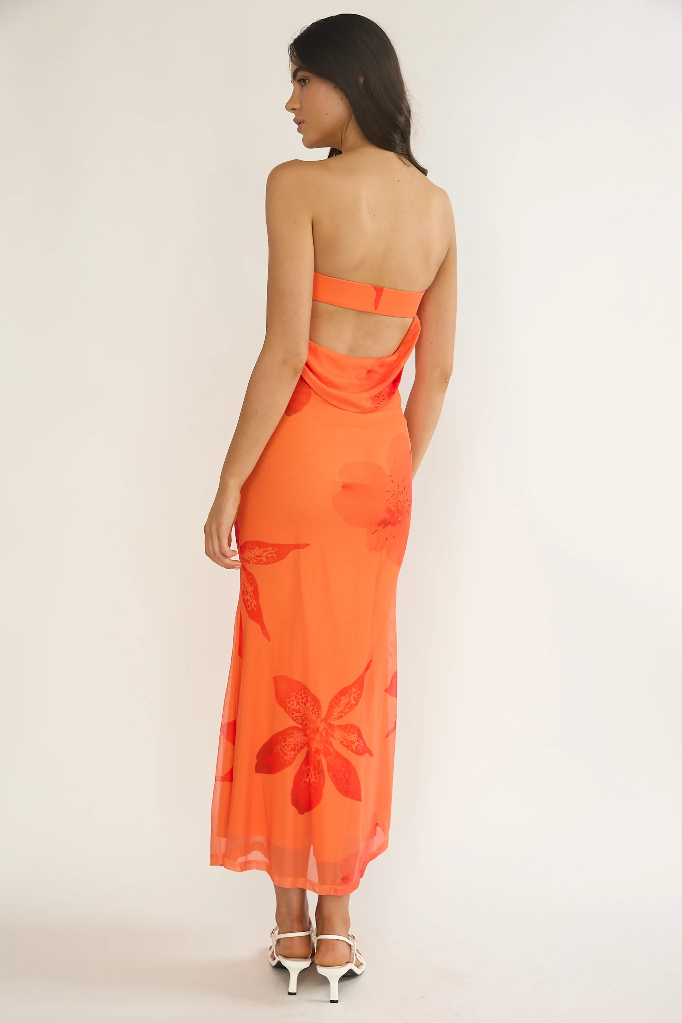 Minnesota Strapless Cowl Back Dress Floral Orange - Image 3