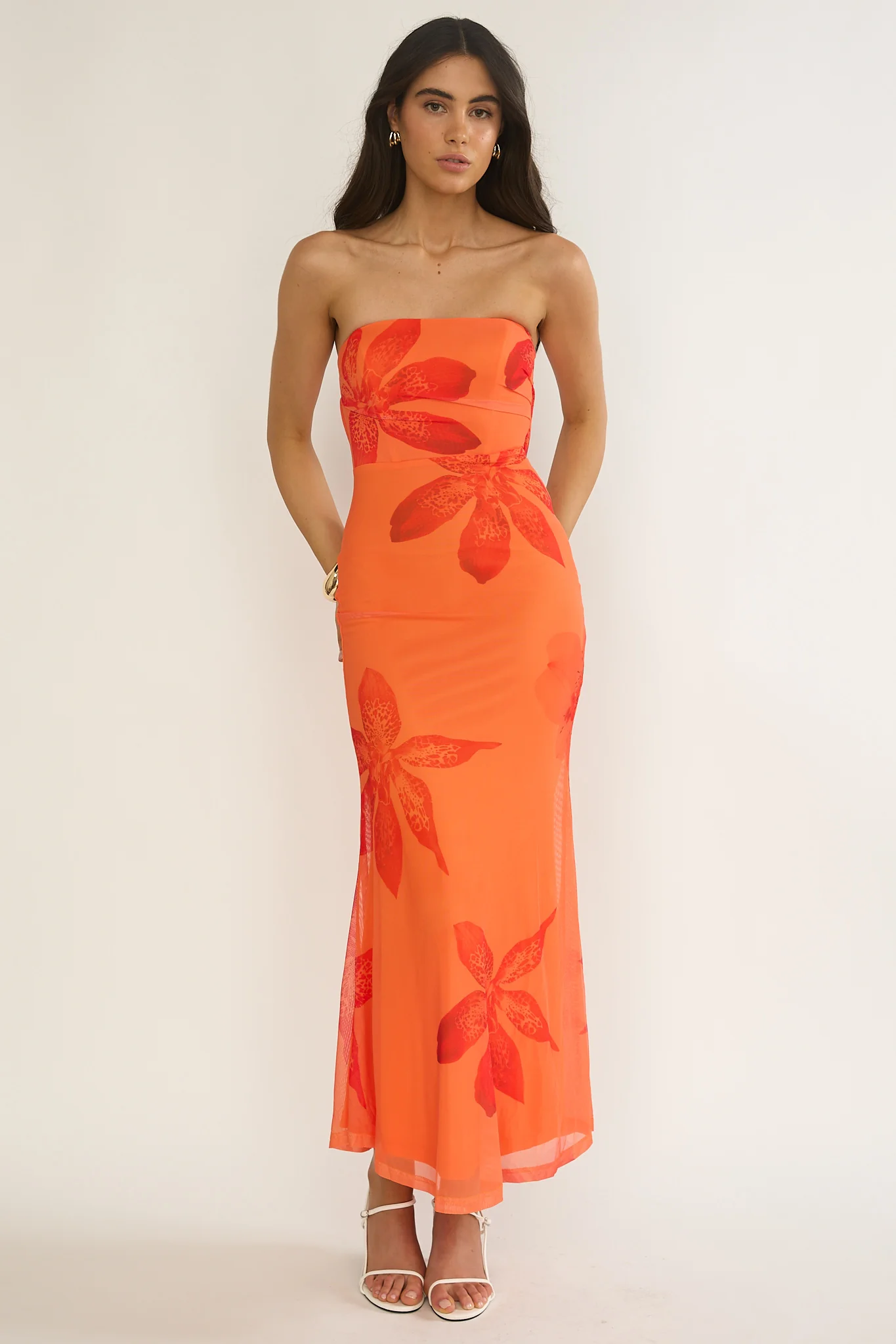 Minnesota Strapless Cowl Back Dress Floral Orange - Image 5