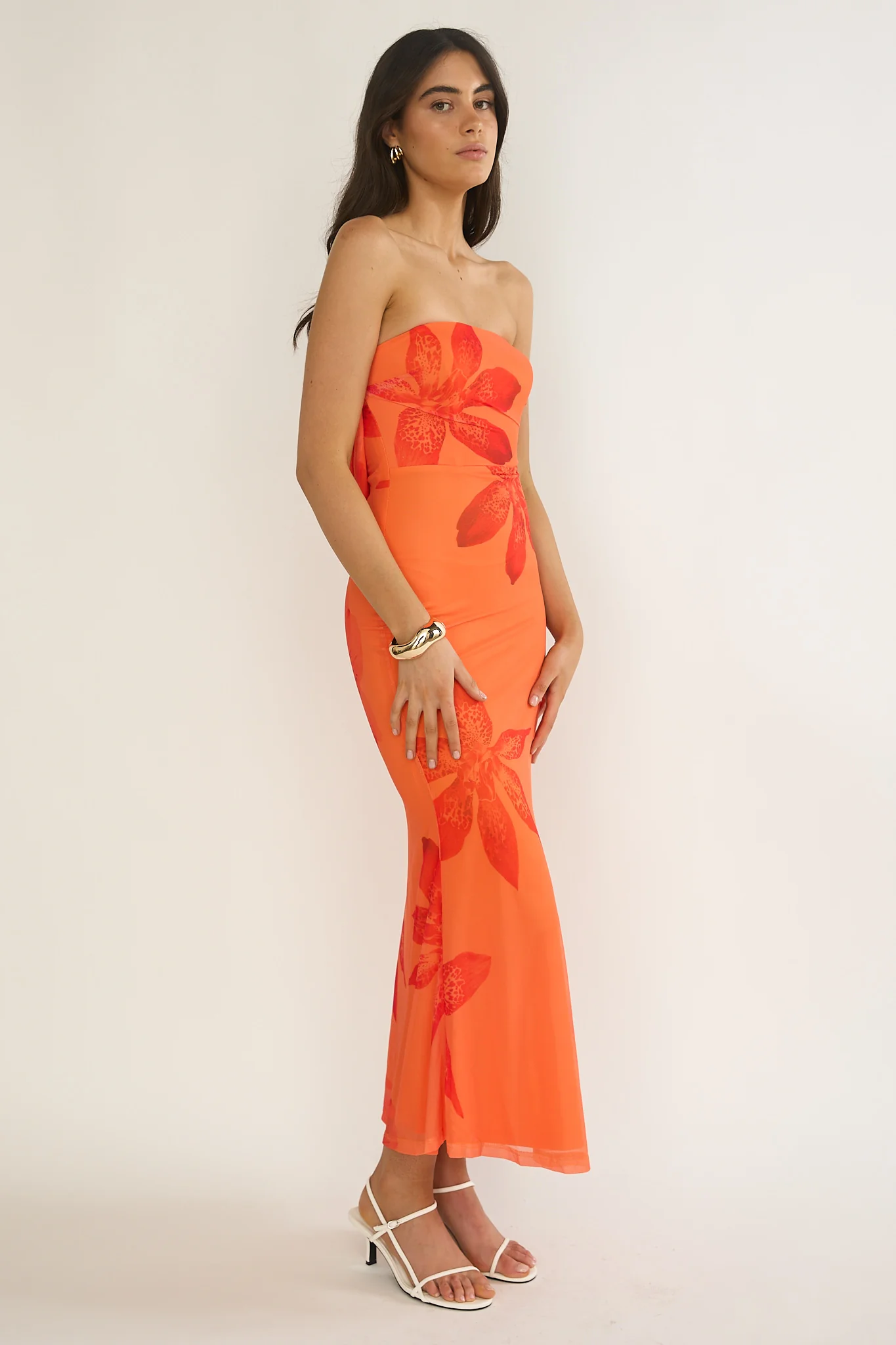 Minnesota Strapless Cowl Back Dress Floral Orange - Image 6