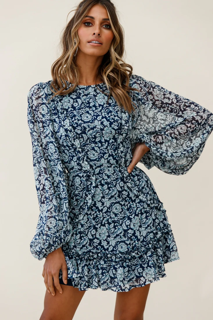 Mirabelle Long Balloon Sleeve Ruffle Hem Dress Floral Print Navy - Image 4