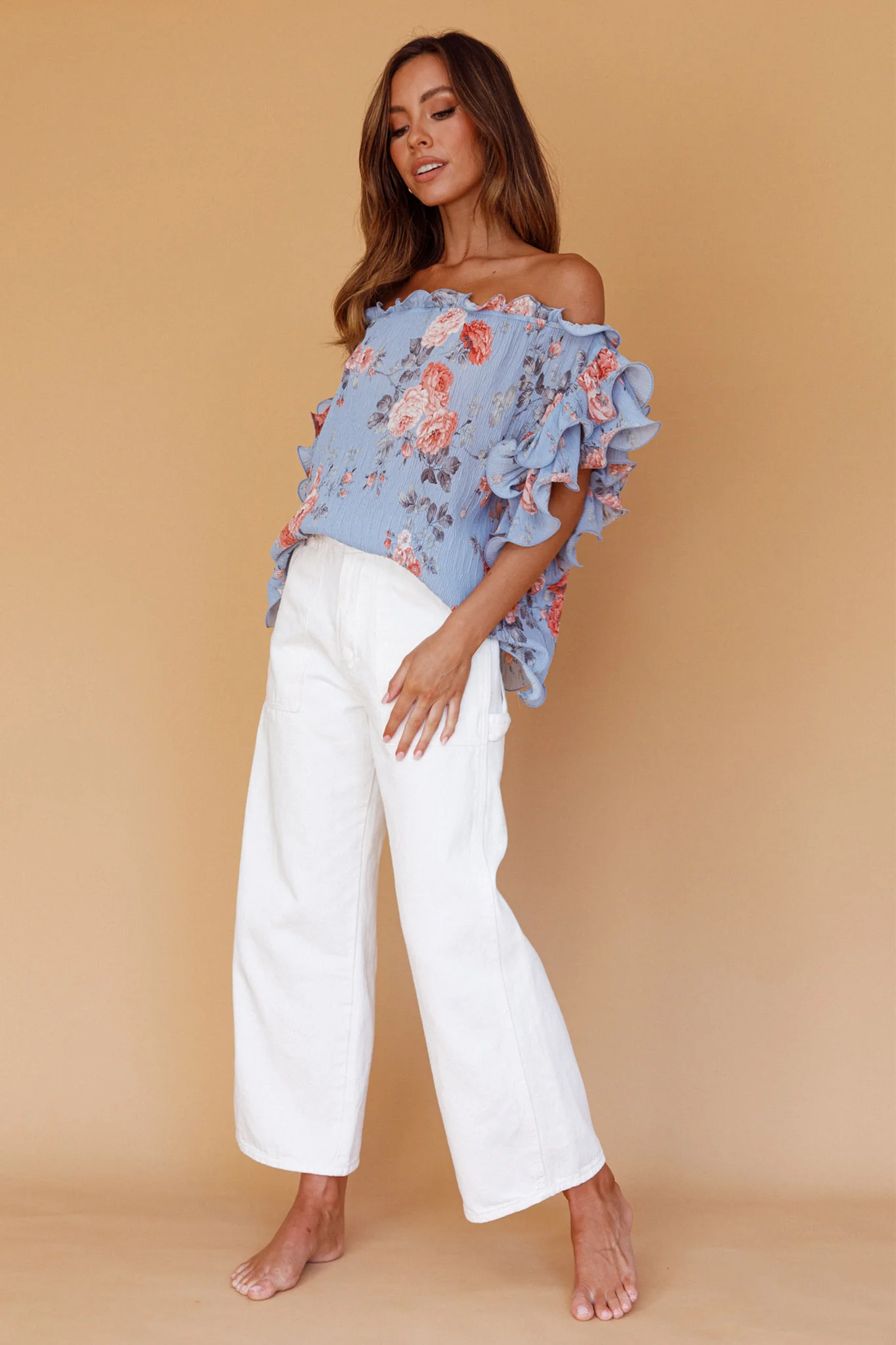 Miranda Off-Shoulder Ruffle Sleeve Top Floral Print Blue - Image 3