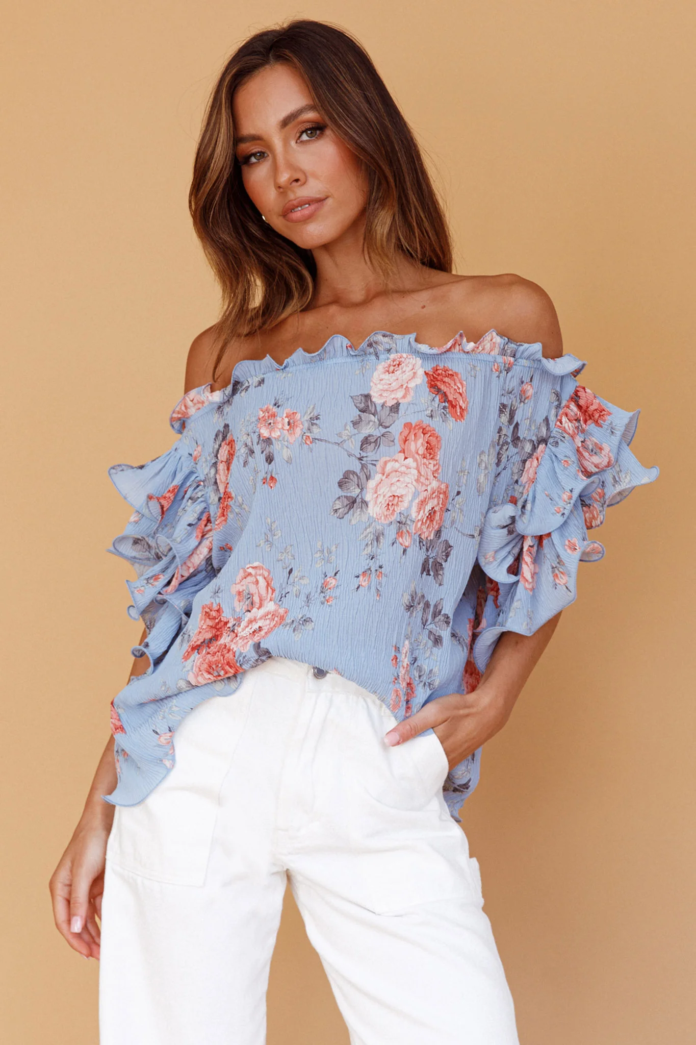 Miranda Off-Shoulder Ruffle Sleeve Top Floral Print Blue - Image 4