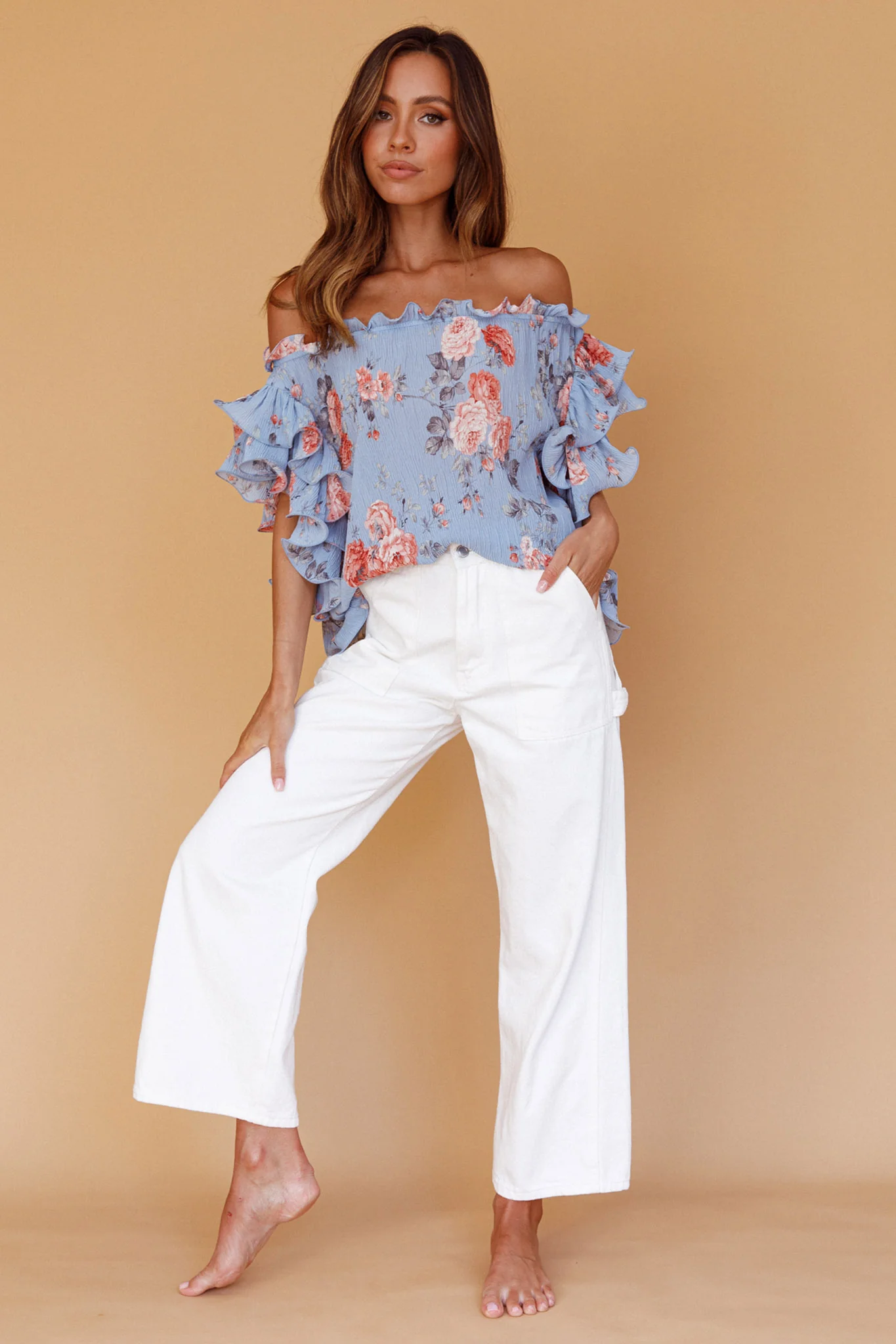 Miranda Off-Shoulder Ruffle Sleeve Top Floral Print Blue - Image 5