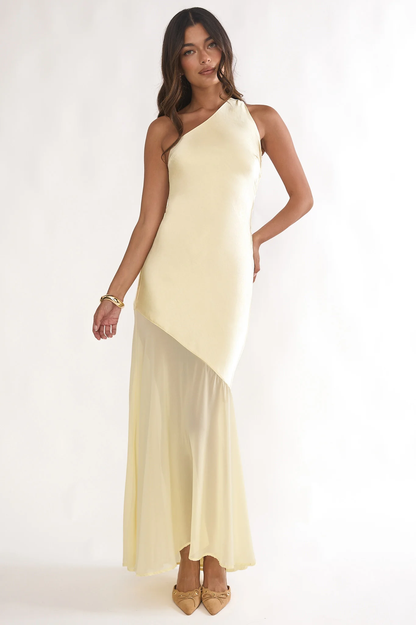 Mireya One-Shoulder Sheer Hem Maxi Dress Lemon - Image 4
