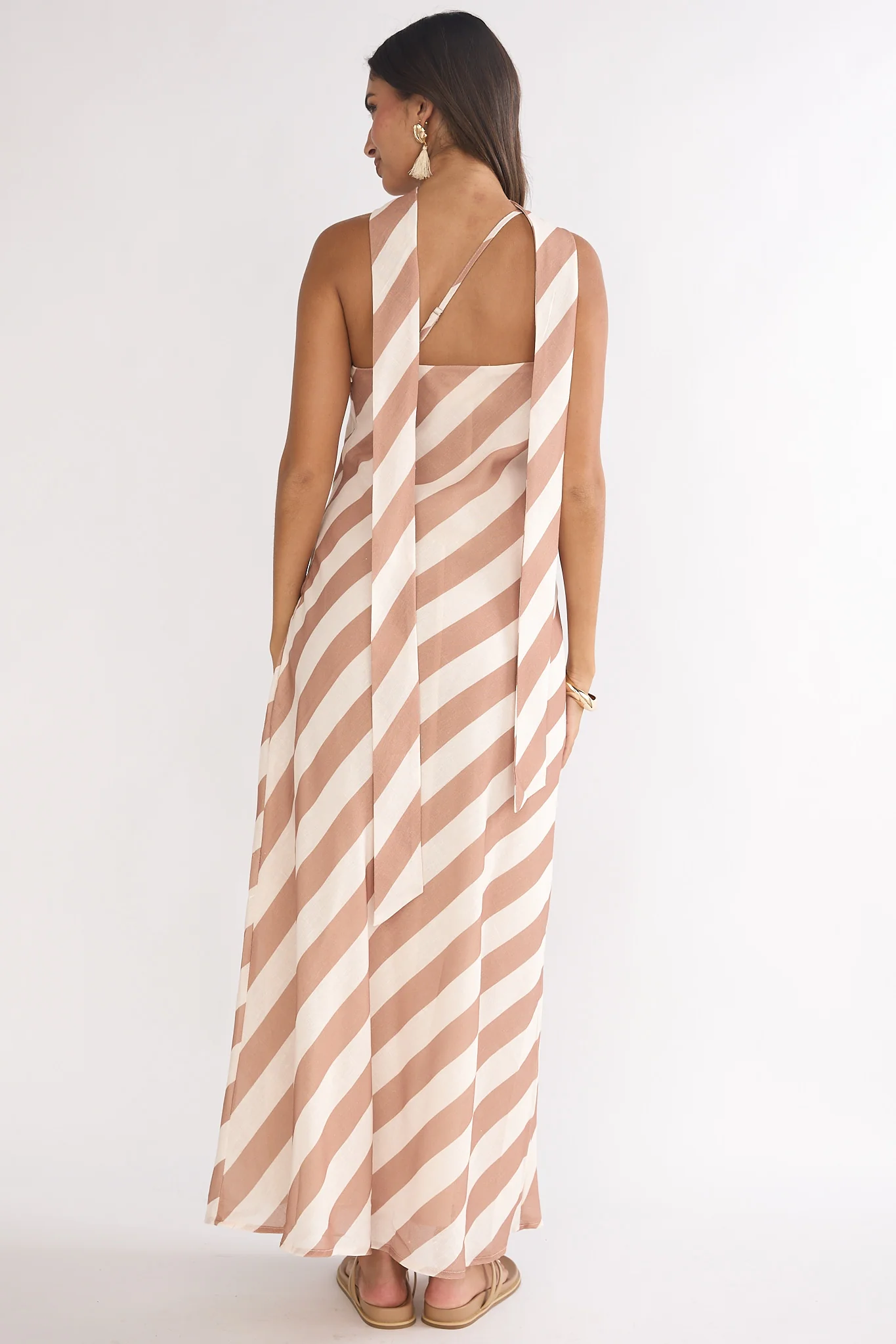 Mirona One Shoulder Scarf Maxi Dress Stripe Camel - Image 3
