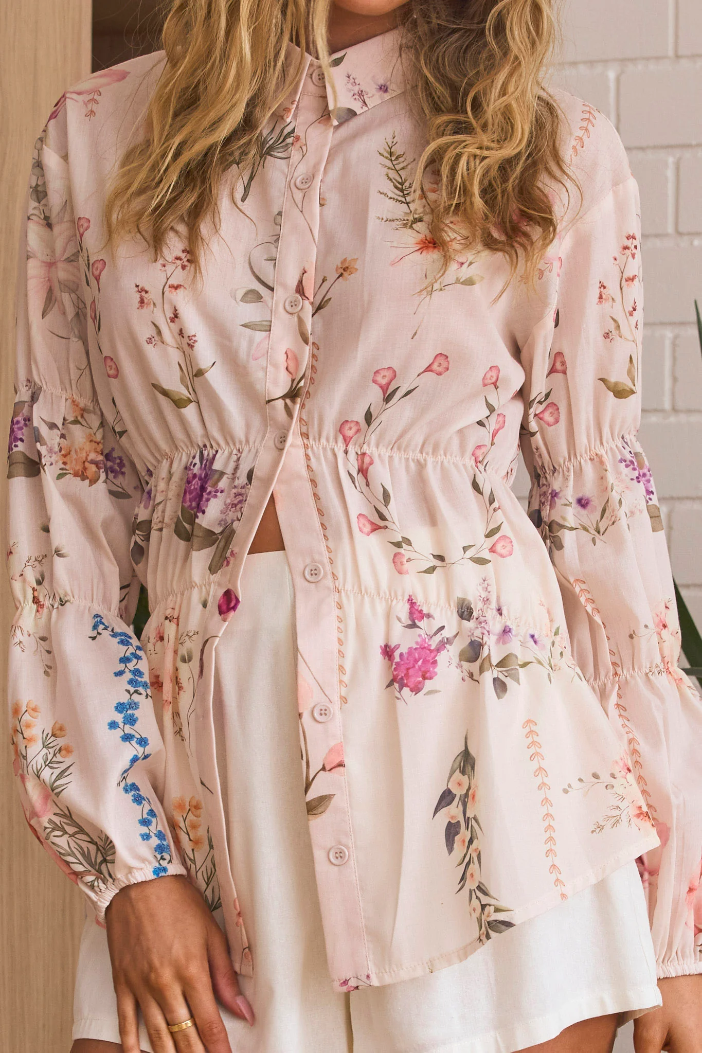 Mirrie Long Sleeve Button Down Top Floral Cream - Image 4