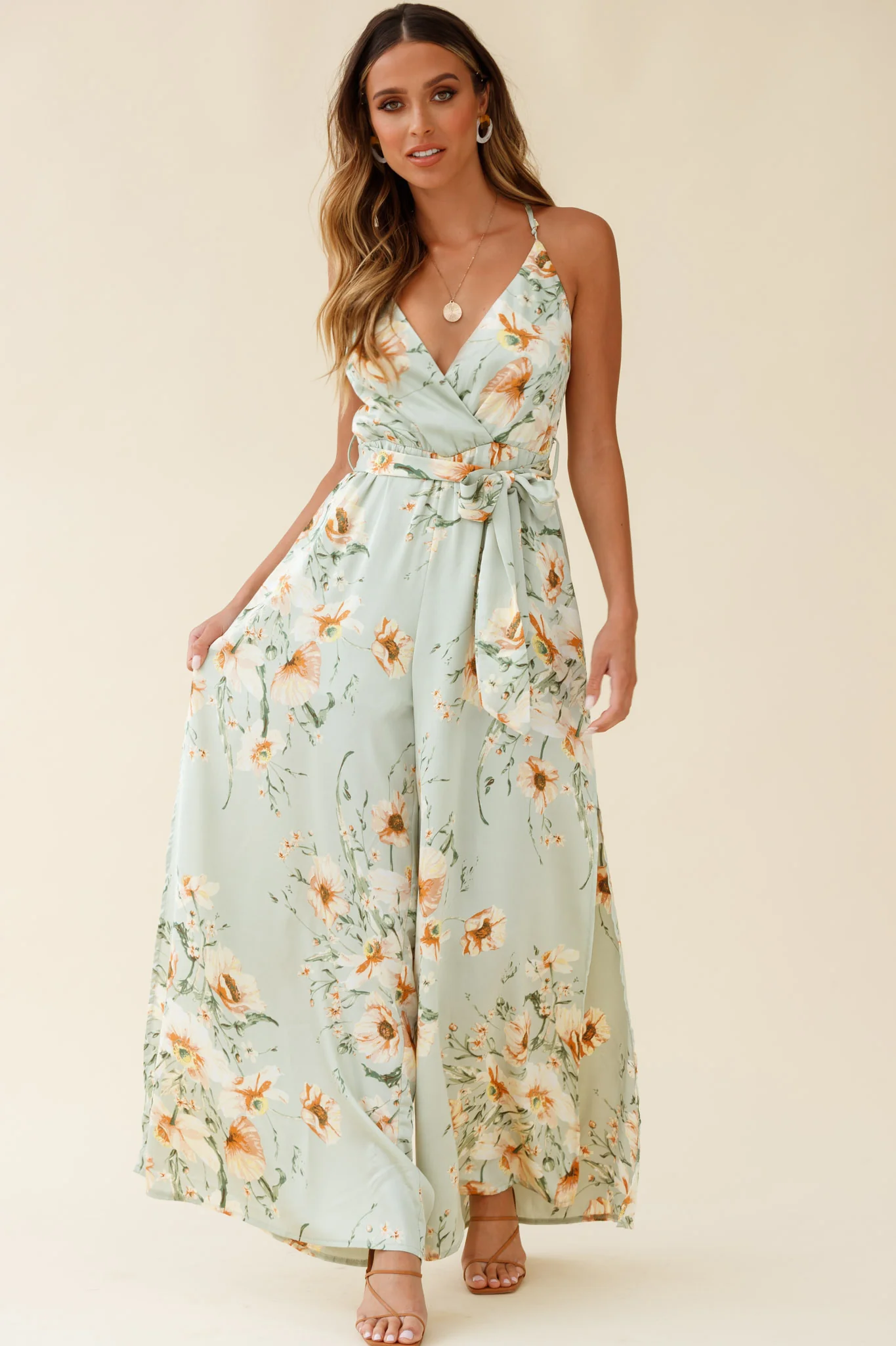 Miso Wide-Leg Cami Jumpsuit Poppy Print Pistachio - Image 2