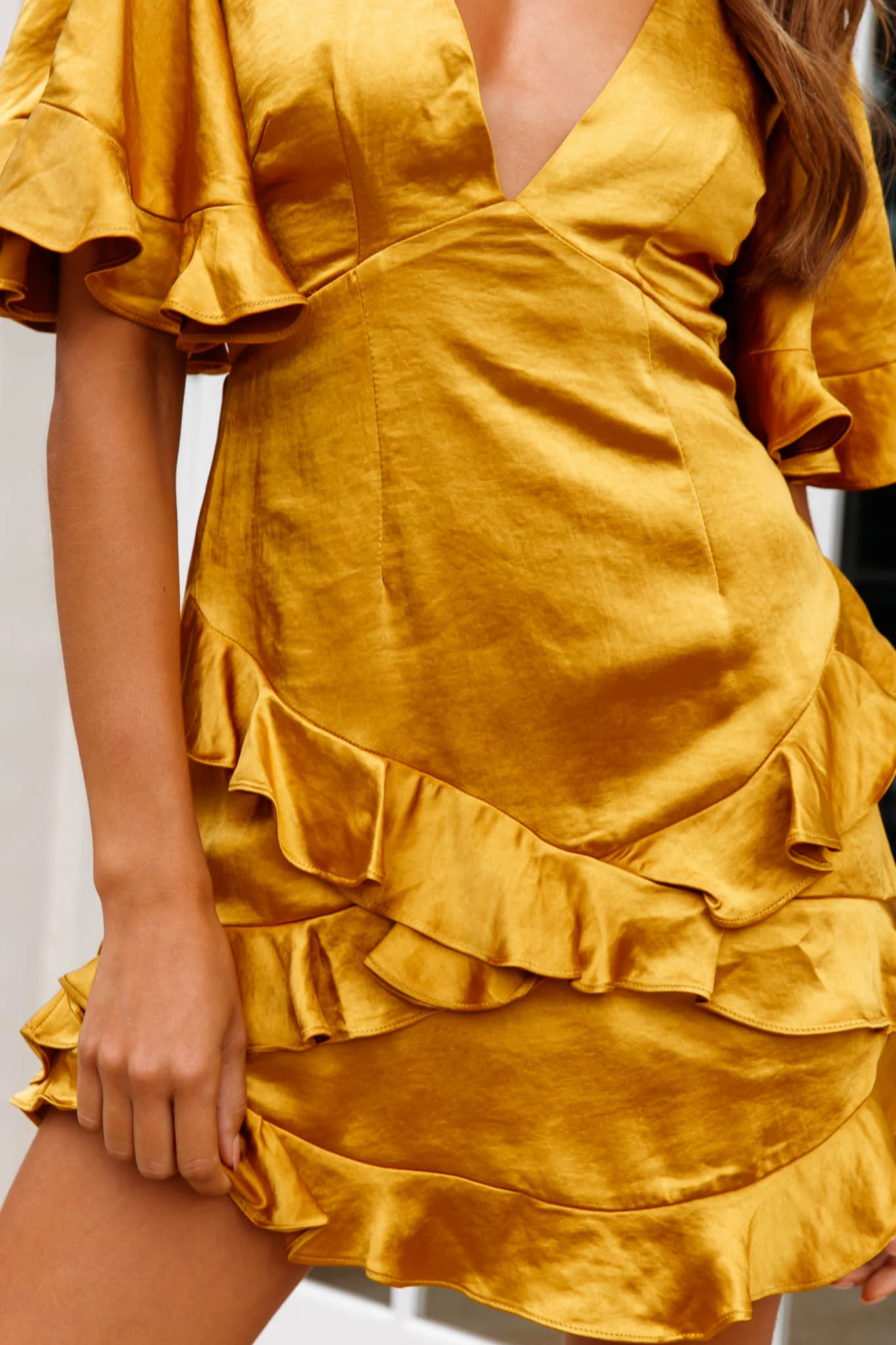 Miss Coco Angel Sleeve Ruffle Trim Dress Mustard - Image 4