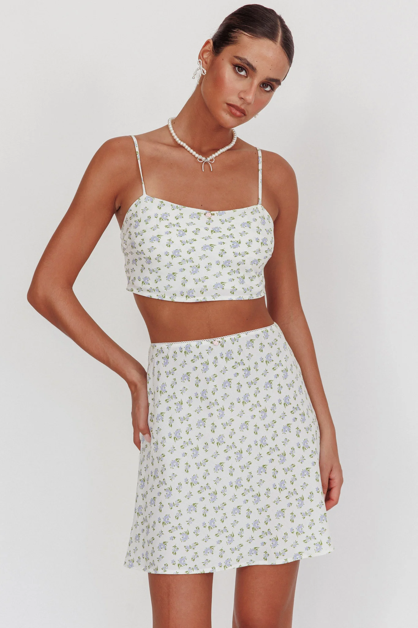Miss Cupid Floral Mini Skirt Ivory/Blue - Image 6