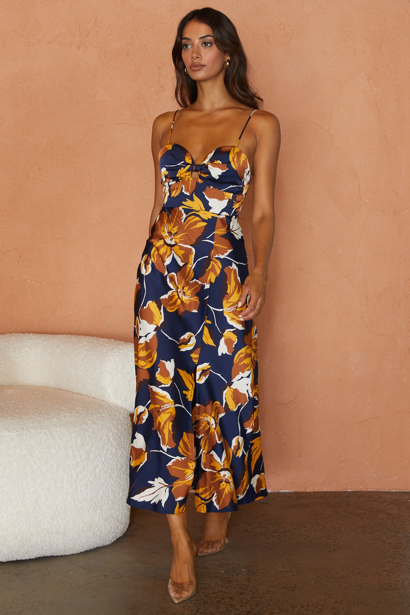 Missoula Cami Strap Padded Bust Midi Dress Floral Print Navy - Image 3