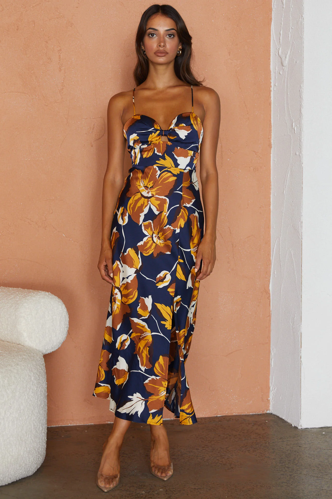 Missoula Cami Strap Padded Bust Midi Dress Floral Print Navy - Image 7