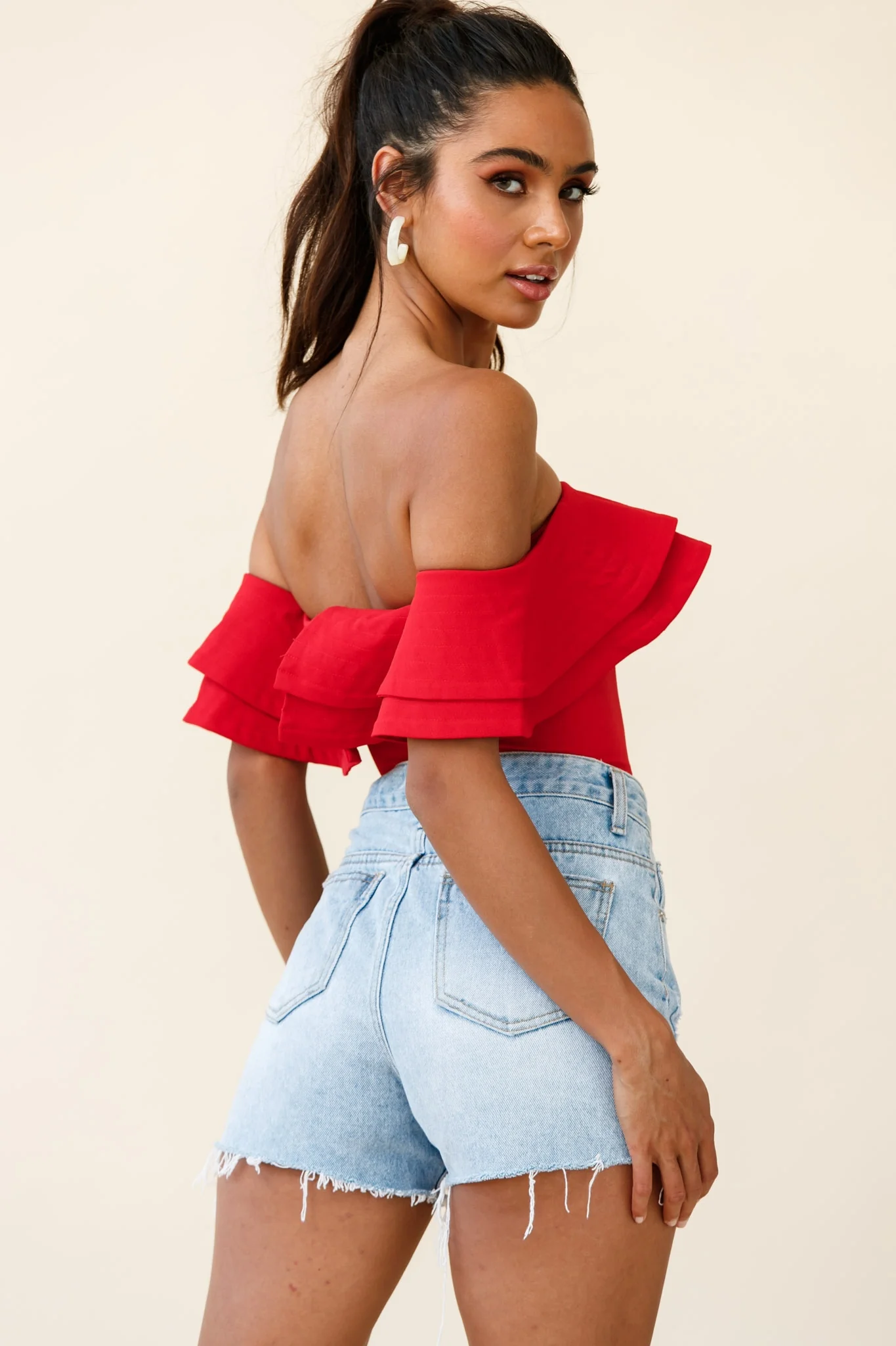 Missy Layered Ruffle Bardot Top Red - Image 10