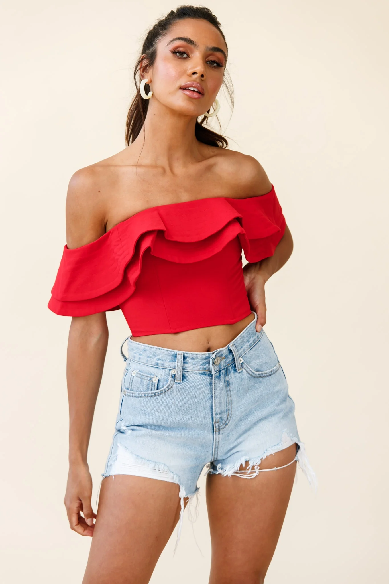 Missy Layered Ruffle Bardot Top Red - Image 7