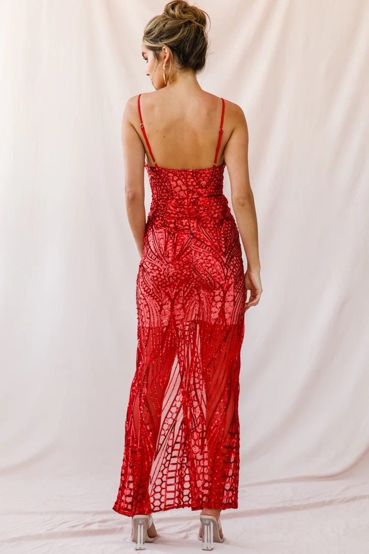 Miya Sequin Overlay Plunging Neckline Dress Red - Image 3