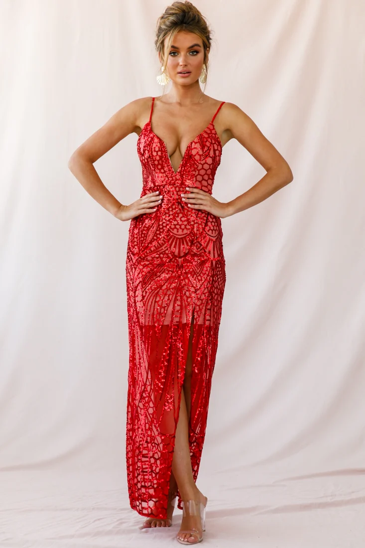 Miya Sequin Overlay Plunging Neckline Dress Red - Image 5