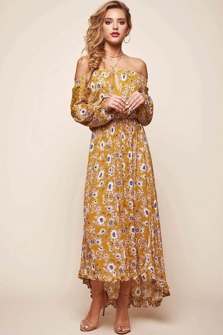 Mojave Off-Shoulder Floral Maxi Dress Mustard - Image 2