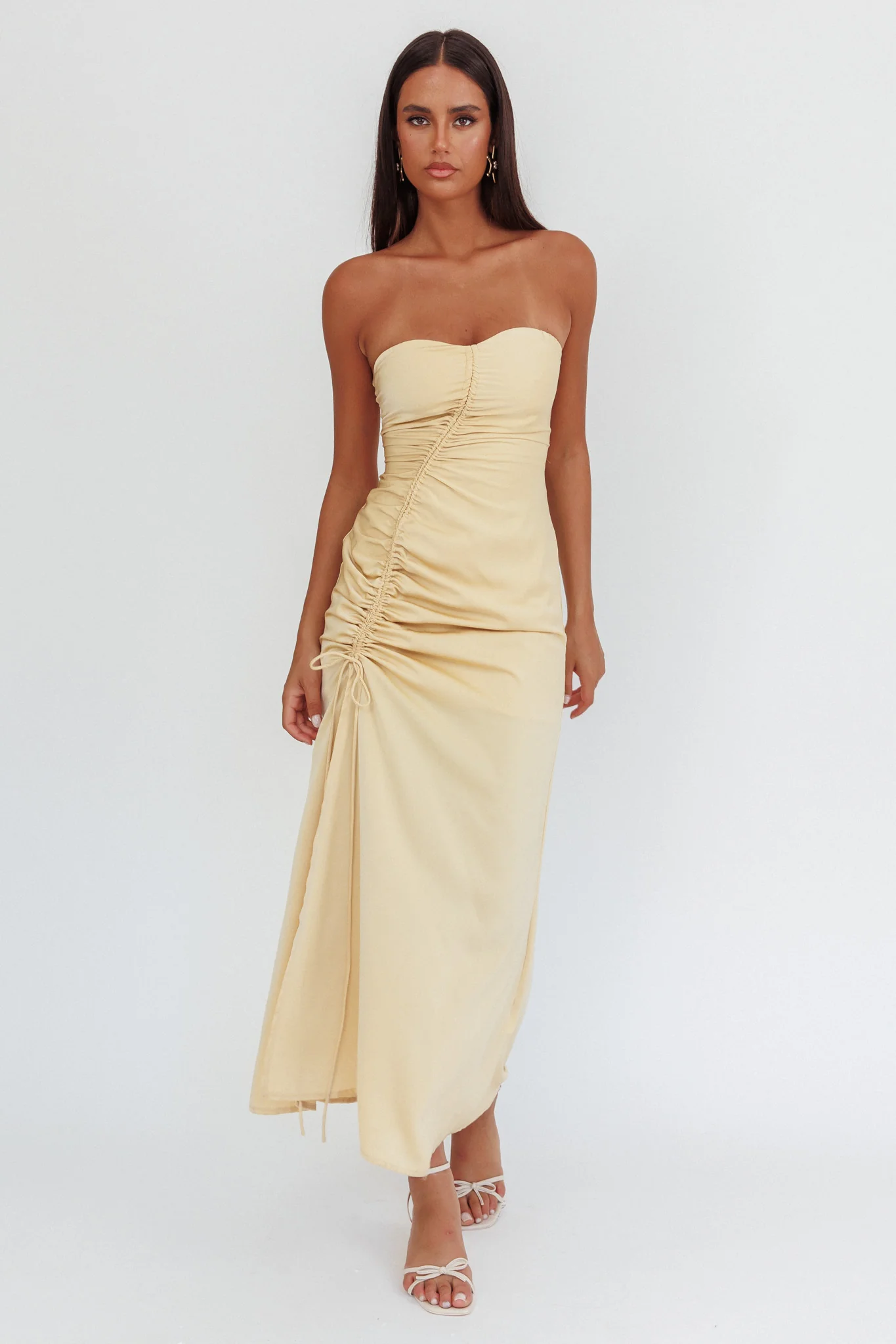 Molinda Strapless Ruched Drawstring Maxi Dress Golden - Image 4