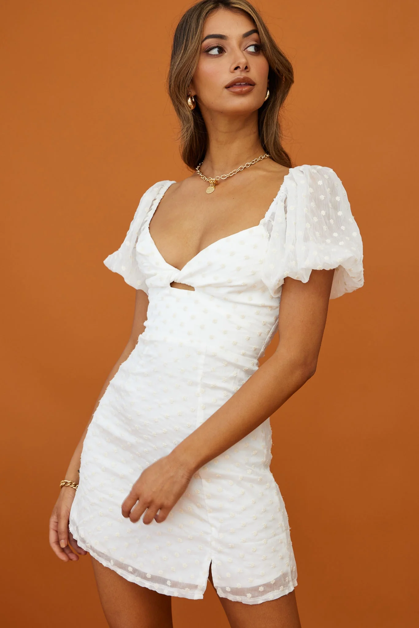 Molli Sheer Puff Sleeve Twist Feature Dress White - Image 3