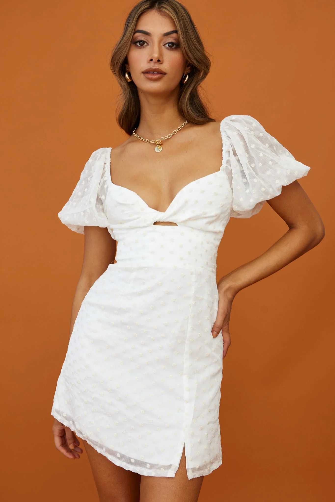Molli Sheer Puff Sleeve Twist Feature Dress White - Image 8