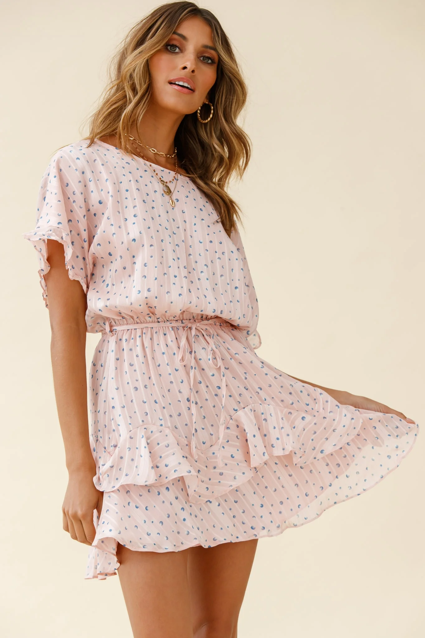Mollina Frill Sleeve Layered Hem Dress Spot Print Blush - Image 12