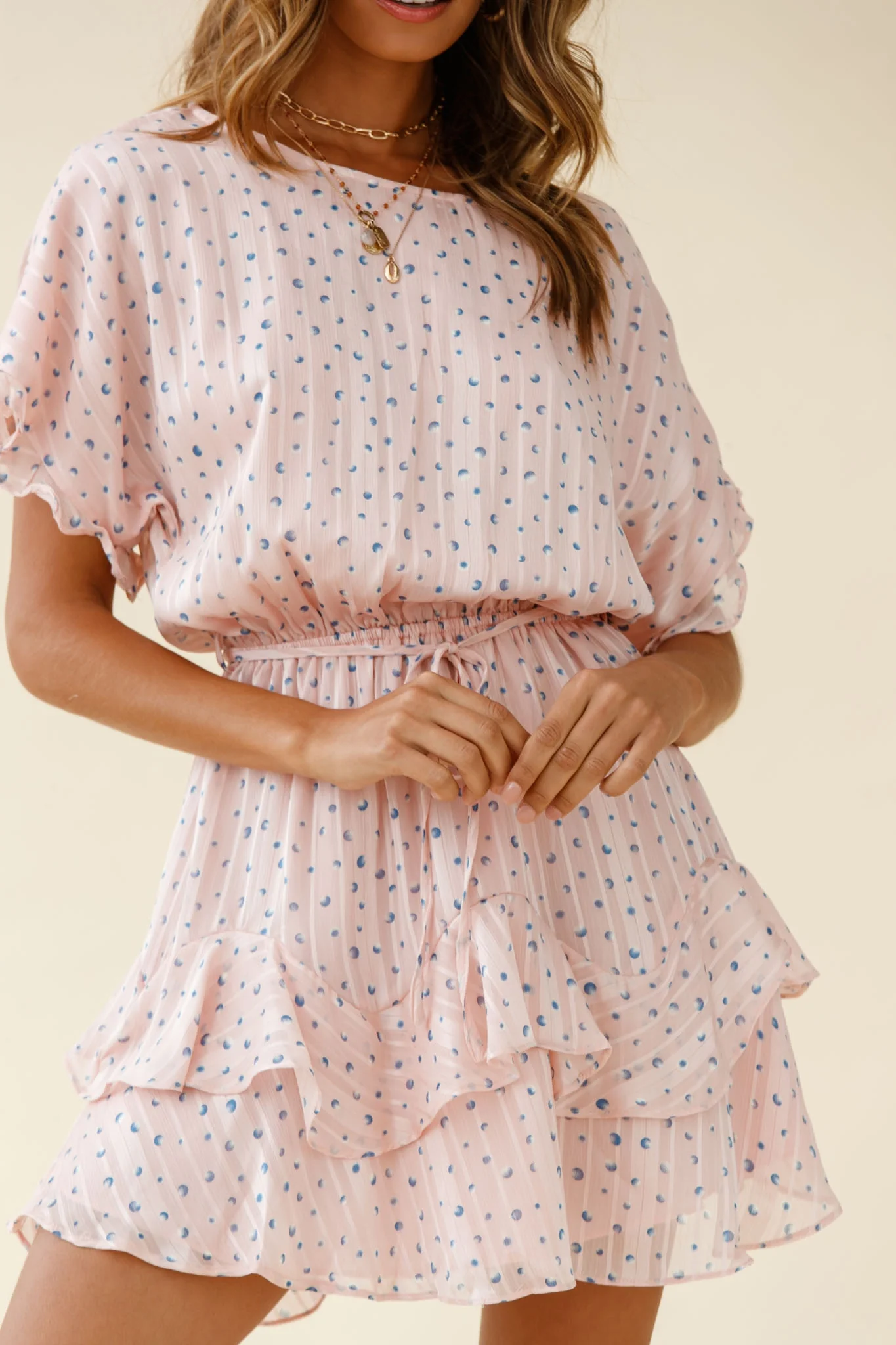 Mollina Frill Sleeve Layered Hem Dress Spot Print Blush - Image 15