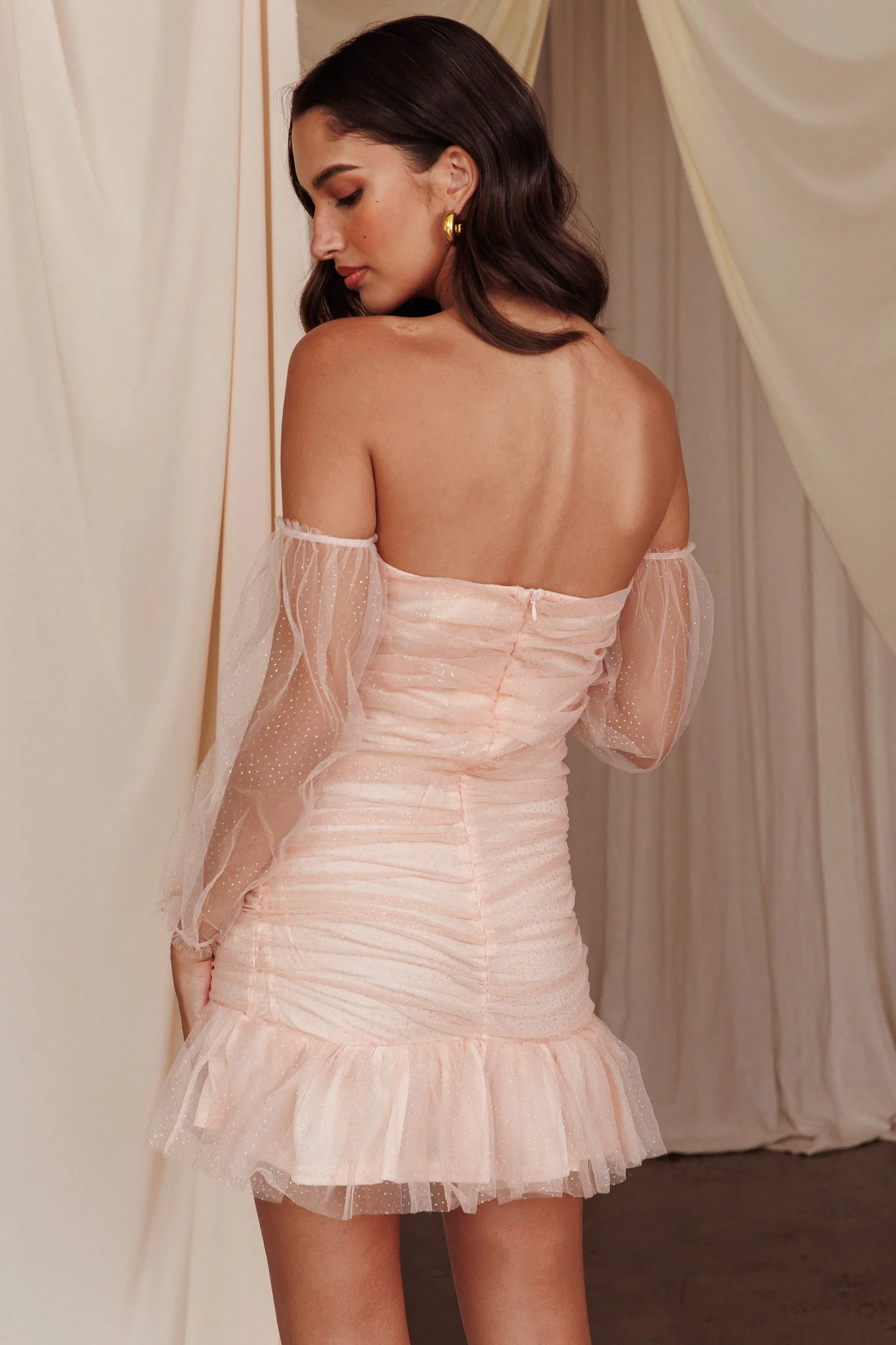 Moment In Time Off-Shoulder Mini Dress Peach/Gold - Image 2