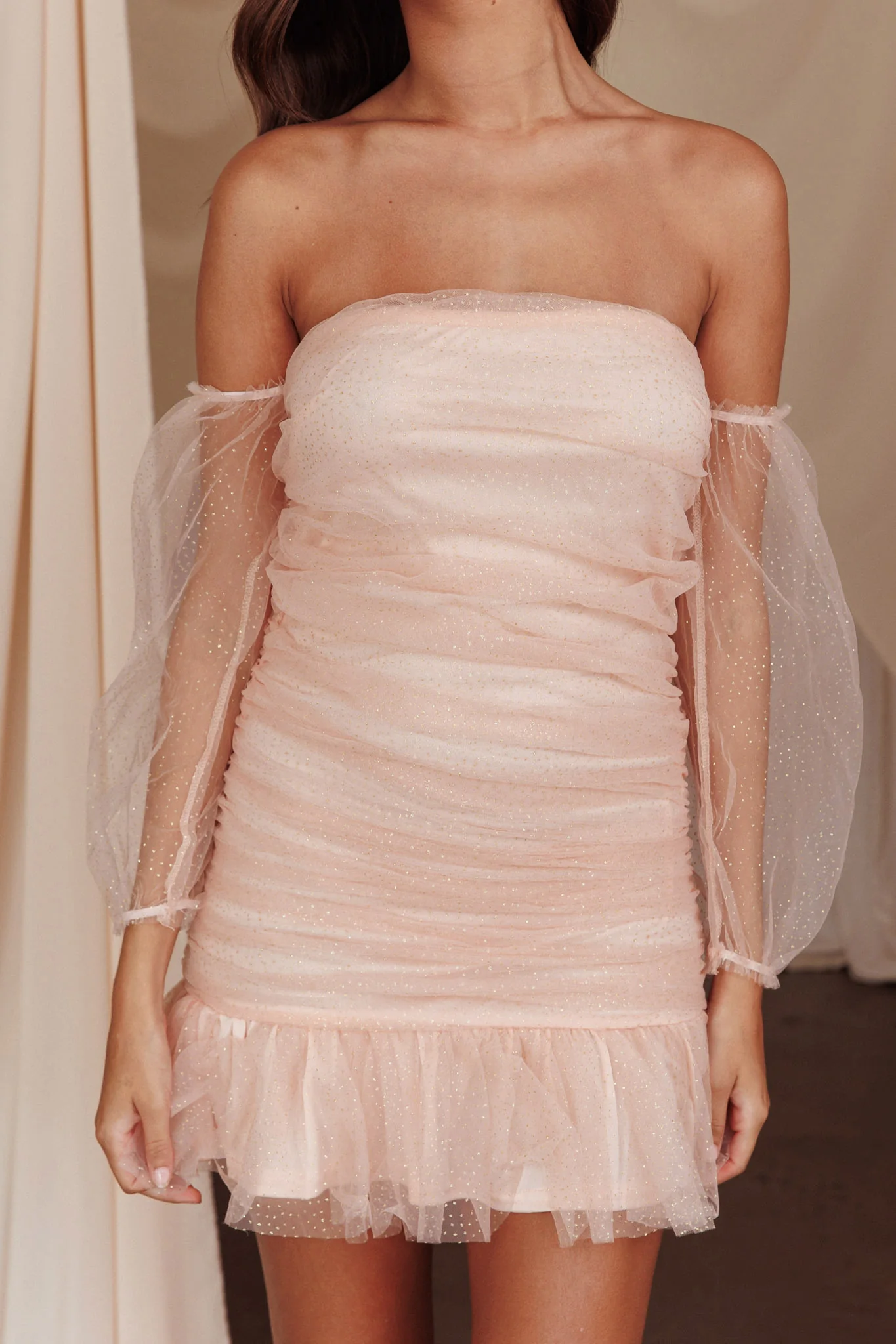 Moment In Time Off-Shoulder Mini Dress Peach/Gold - Image 4