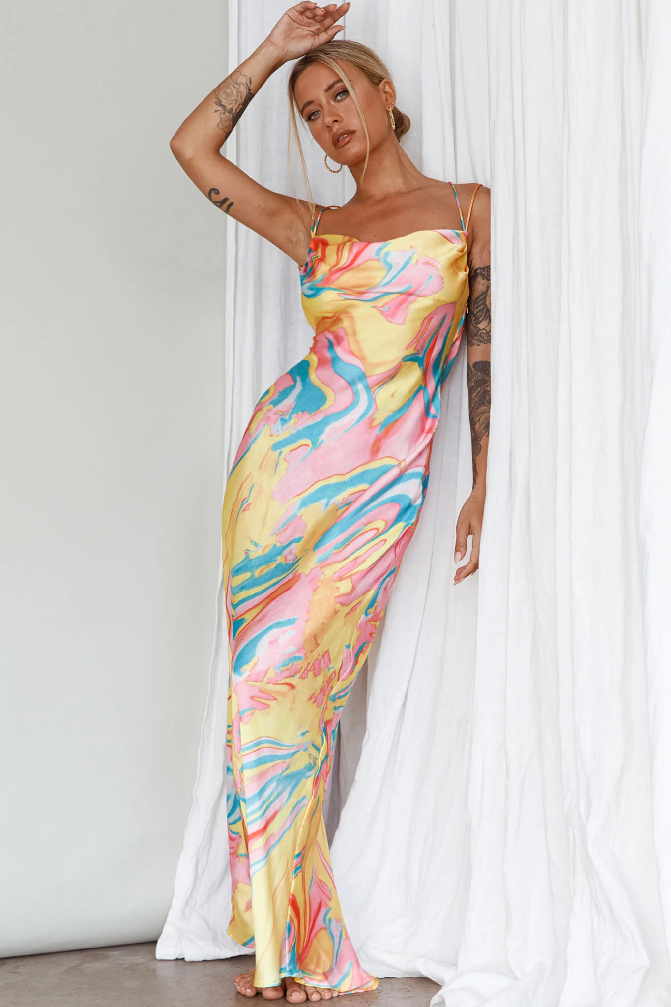 Moment With You Ruched Bust Midi Dress Swirl Yellow/Green - Image 3