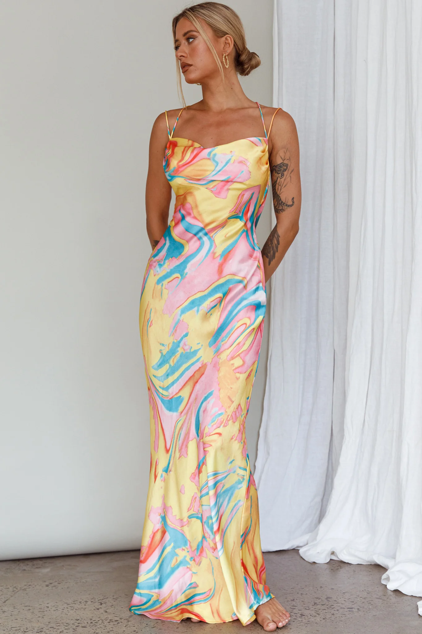 Moment With You Ruched Bust Midi Dress Swirl Yellow/Green - Image 6