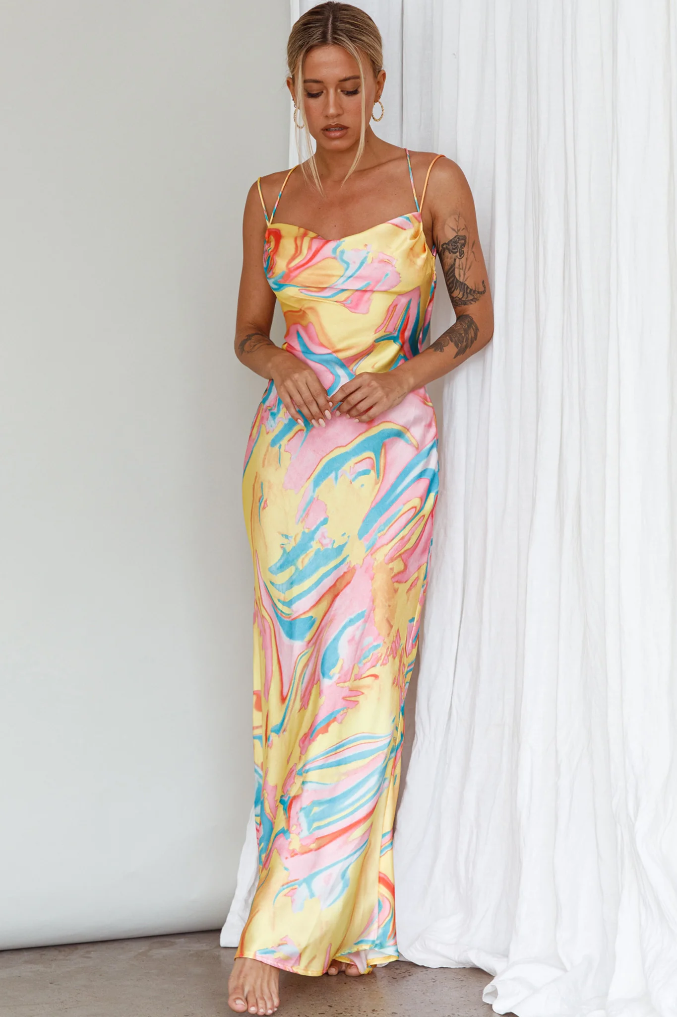 Moment With You Ruched Bust Midi Dress Swirl Yellow/Green - Image 7