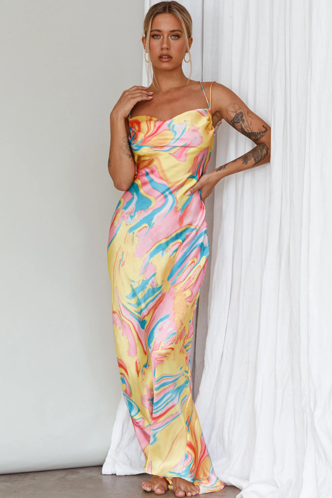 Moment With You Ruched Bust Midi Dress Swirl Yellow/Green - Image 8